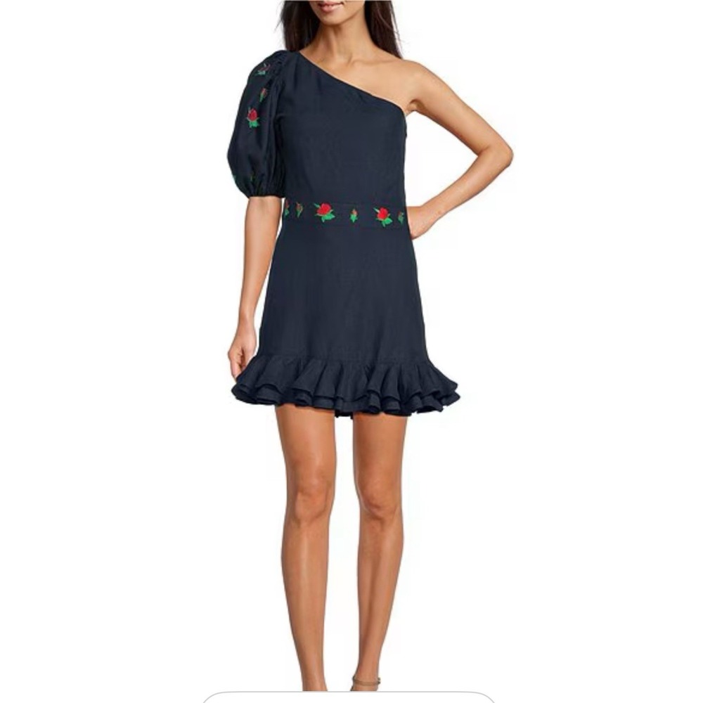 Fanm Mon Flame Mini Linen One Sleeve Ruffle Hem Floral Embroidery Dress Size L